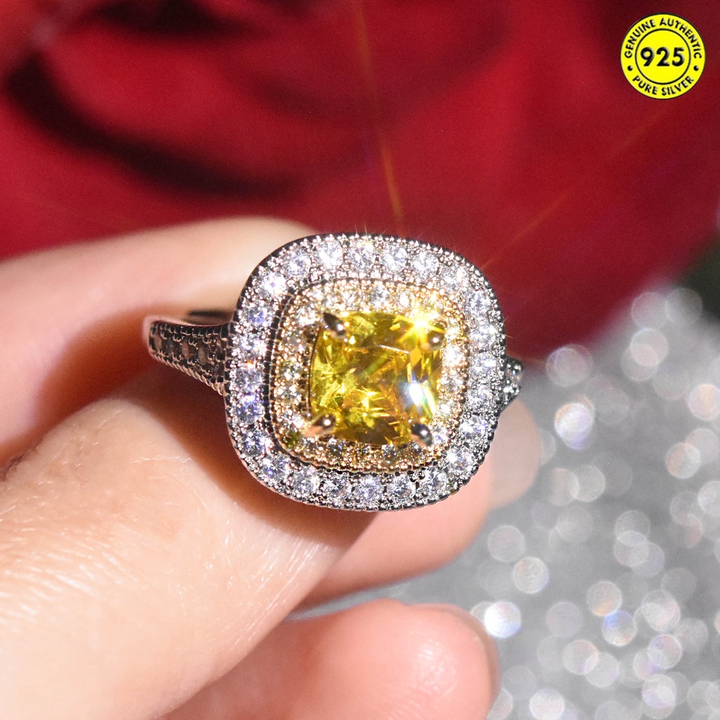 Cincin Berlian Kuning Bentuk Kotak Bahan S925 Silver