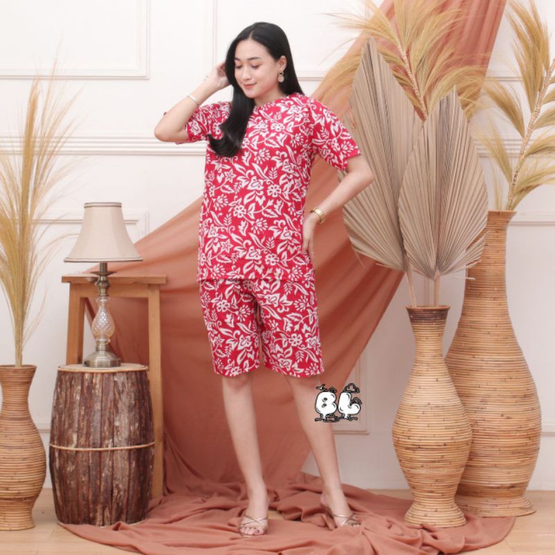 setelan kulot batik motif monochrome polkadot setelan wanita baju santai-B