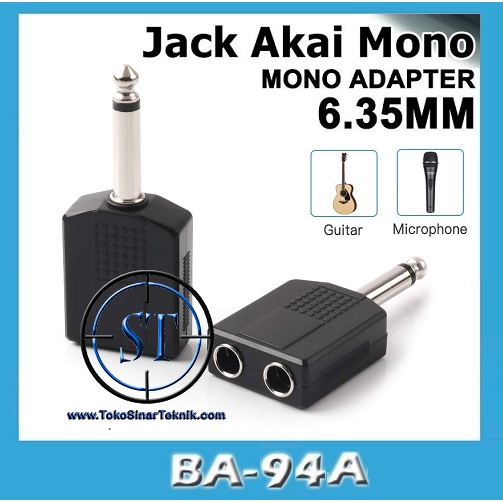 Jack Jak jek T / Y Akai Mono Converter 2 Akai to 1 Akai mono Konektor T Cabang 6.5mm Female To Male BA-94A