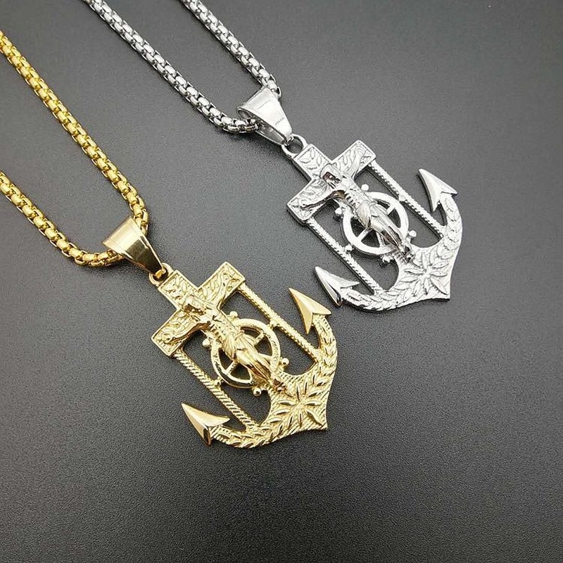 Kalung Liontin Jangkar Bahan Stainless Steel Gaya Hip Hop Untuk Pria