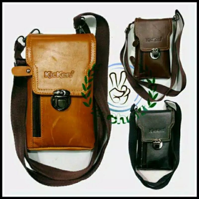 Tas Selempang Pinggang Sarung HP Pria Kulit Sapi Asli - Kickers ABE446