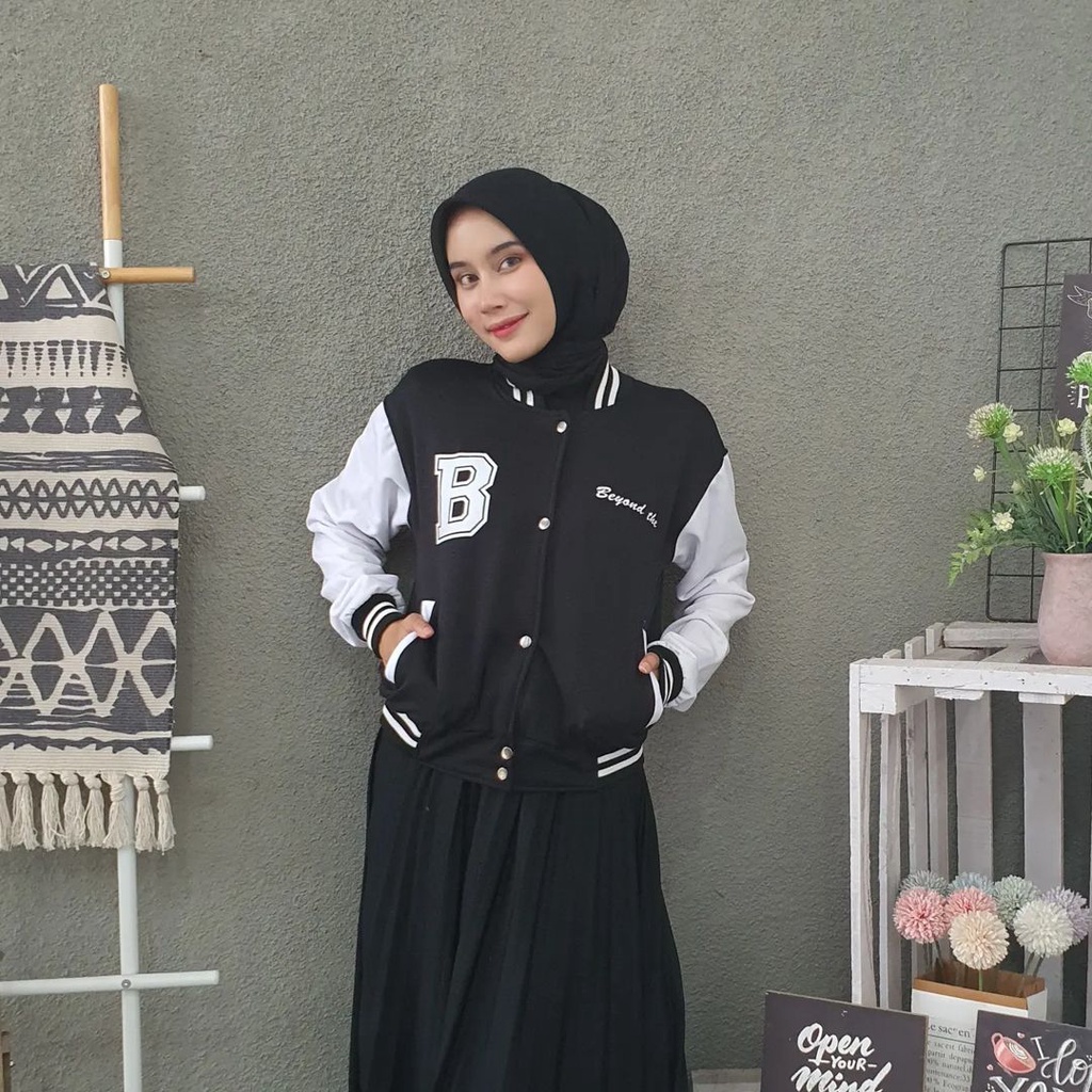 B BEYOND BE Jacket Varcity Baseball Oversize Pria Wanita-Jacket Kekinian OOTD Casual Bahan Fleece Korean Style