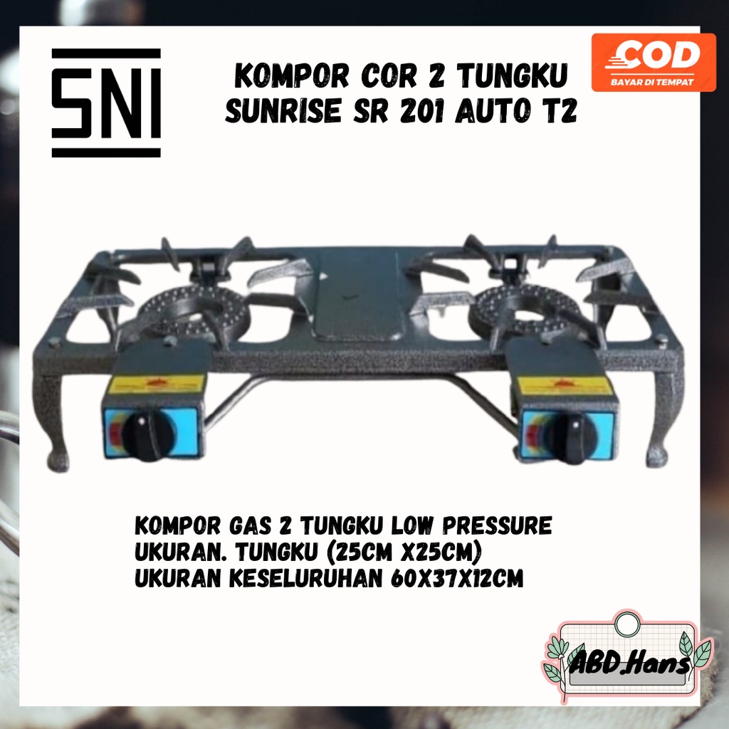 (ABD) Peralatan Rumah Tangga Kompor Cor 2 Tungku Low Pressure Sunrise SR 201 Auto T2 SNI Tekanan Ren