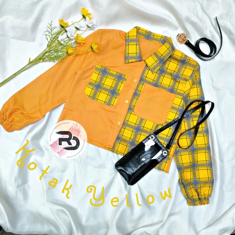 RD FASHION Mika Crop Top / KEMEJA CROP / kemeja TWO TONE / TARTAN KEMEJA CROP / TARTAN CROP-KOTAK YELLOW