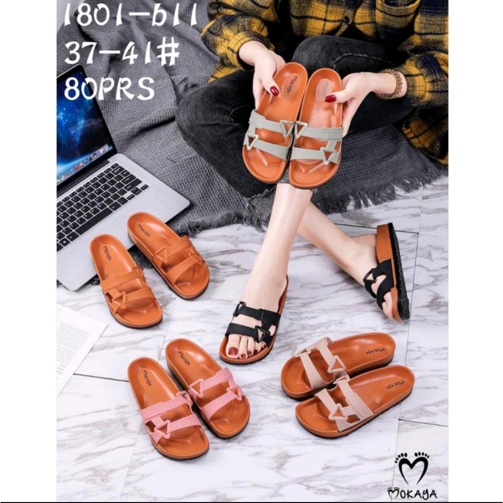 Sandal Slop Jelly Wanita Semi Gunung Tali Sambung Segi Tiga Kanan Kiri Sol Coklat Trendy Import Mokaya / Size 37-41 (1801-B11)