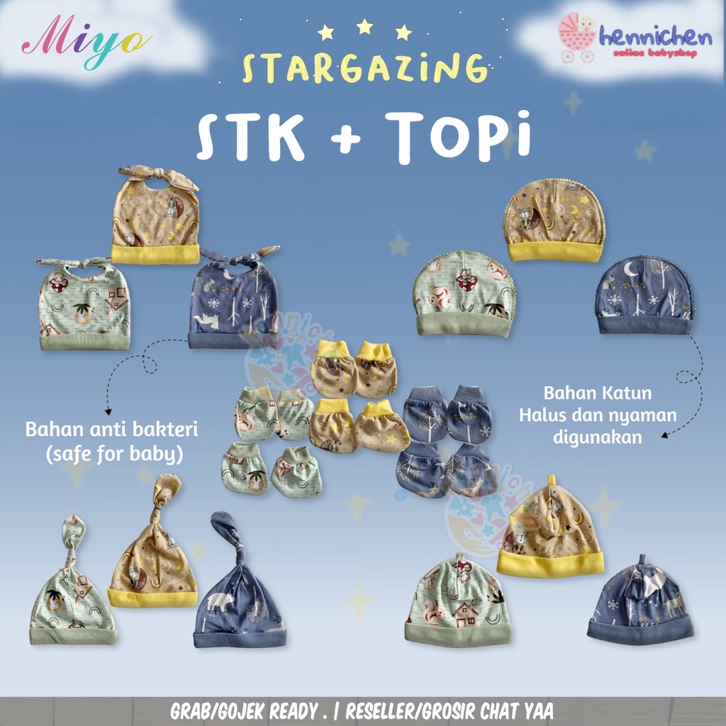 MIYO Topi Segiempat Bayi/SARUNG TANGAN Baby PRINT Newborn (0-3M)