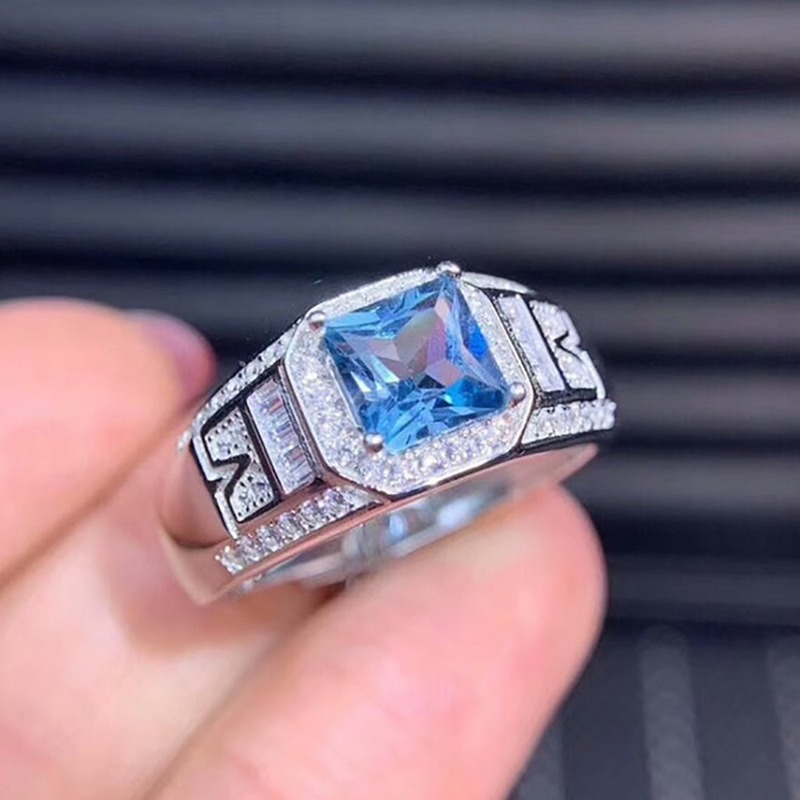 Cincin Perak Berlian Safir Fashion Pria Wanita Kristal Biru Rings