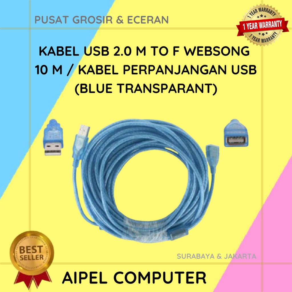 AFW10 | KABEL USB 2.0 MALE TO FEMALE WEBSONG 10 M / KABEL PERPANJANGAN USB (BLUE TRANSPARANT)