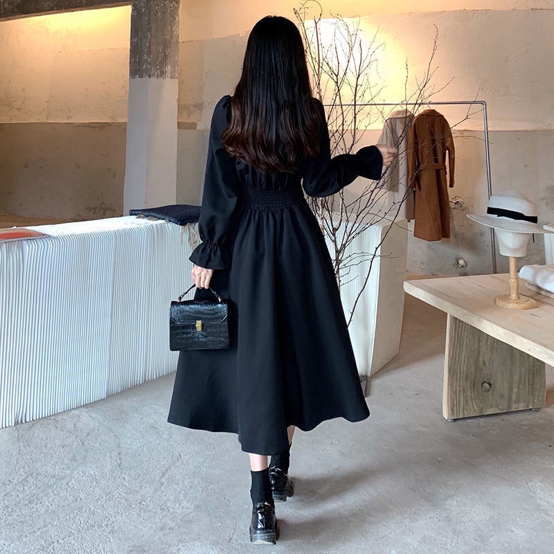 French retro super fairy temperament Hepburn style black long skirt autumn slightly fat mm large wai