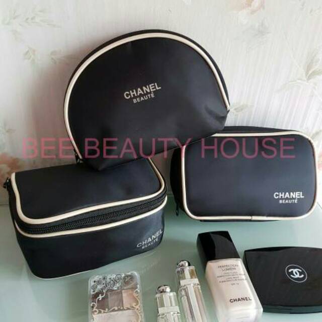 kosmetik pouch Makeup Bag tas kosmerik CHANEL strip Gold