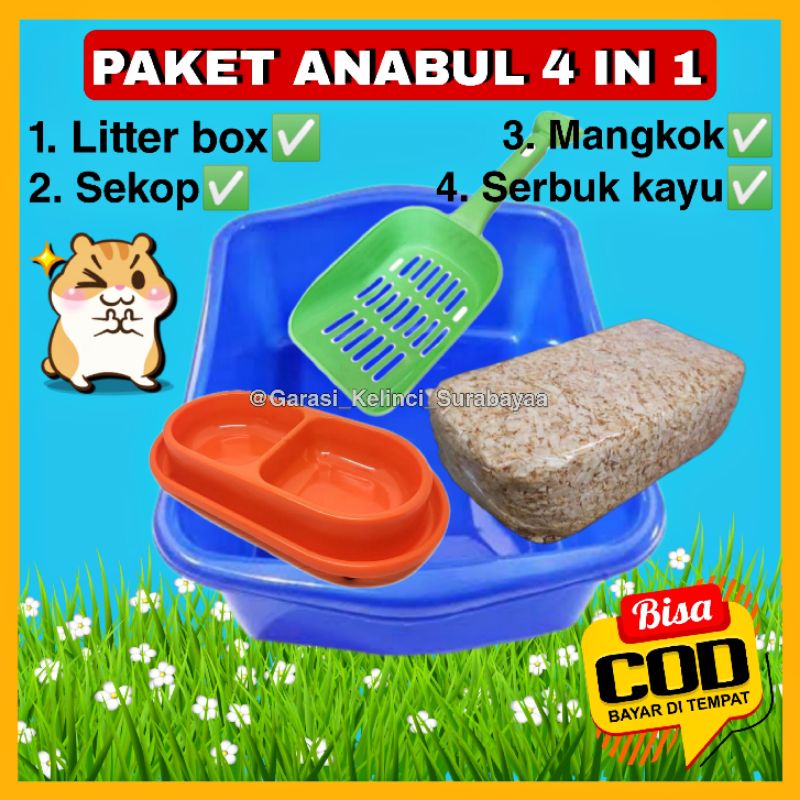 GPSS- PAKET ANABUL 4in1 Litter Box + Sekop + Mangkok + Serbuk Kayu Serokan Pasir Kucing Sekop Kotoran Kucing Sekop Kotoran Anjing Serokan Kotoran Kucing Tempat Makan Kucing Anti Semut Tempat Makan Anjing Serbuk Kayu Hamster Kelinci Bak Pasir Kucing