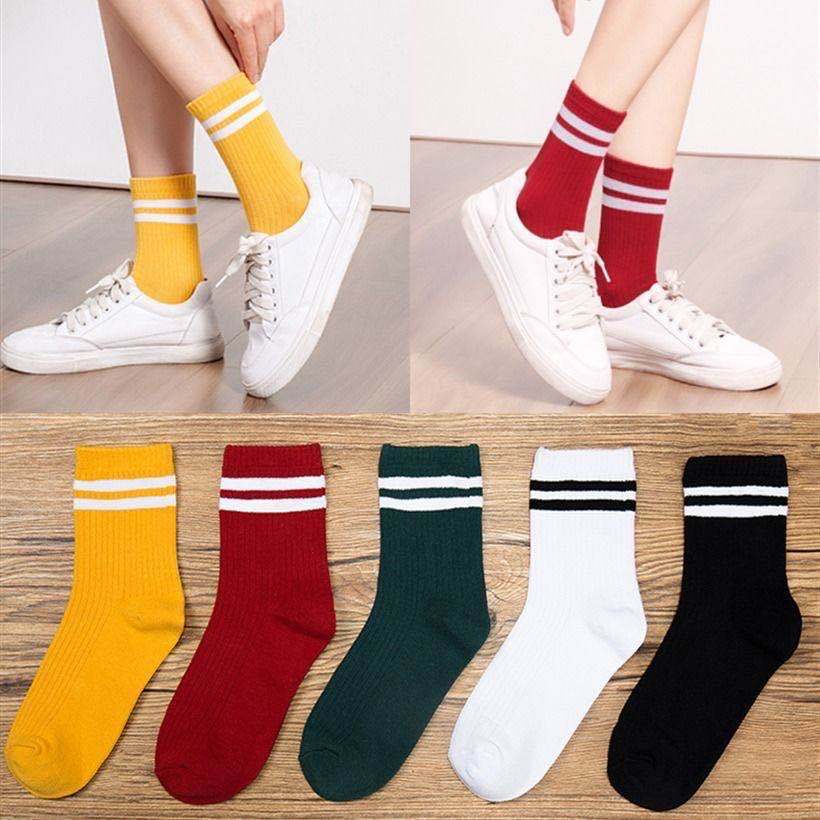 𝗘𝗕𝗦 ✅ KK006 Kaos Kaki (Tanpa Kemasan) Wanita Panjang Diatas Mata Kaki Motif Garis Olahraga Fashion Korea Women Sock Import Murah