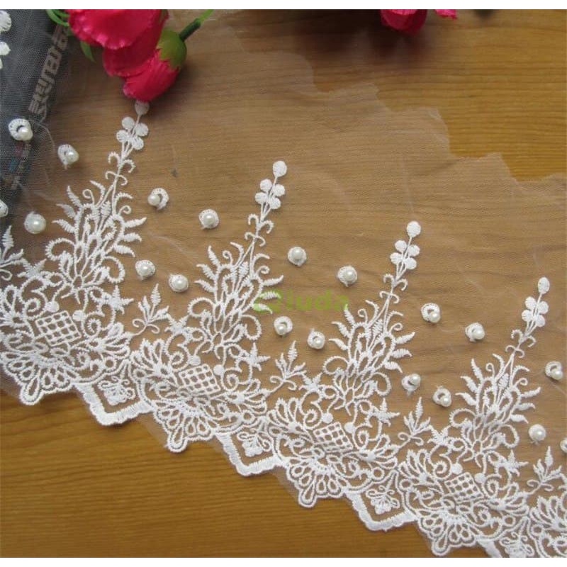 Cotton Net Mesh Embroidered Lace - Floral Pearl 20,5cmx0.5Yard