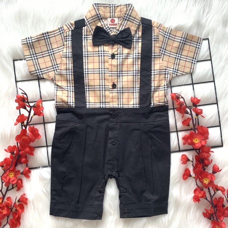 Baju setelan romper dasi kupu2 katun pergi jalan lucu bestseller anak bayi cowok laki murah geo