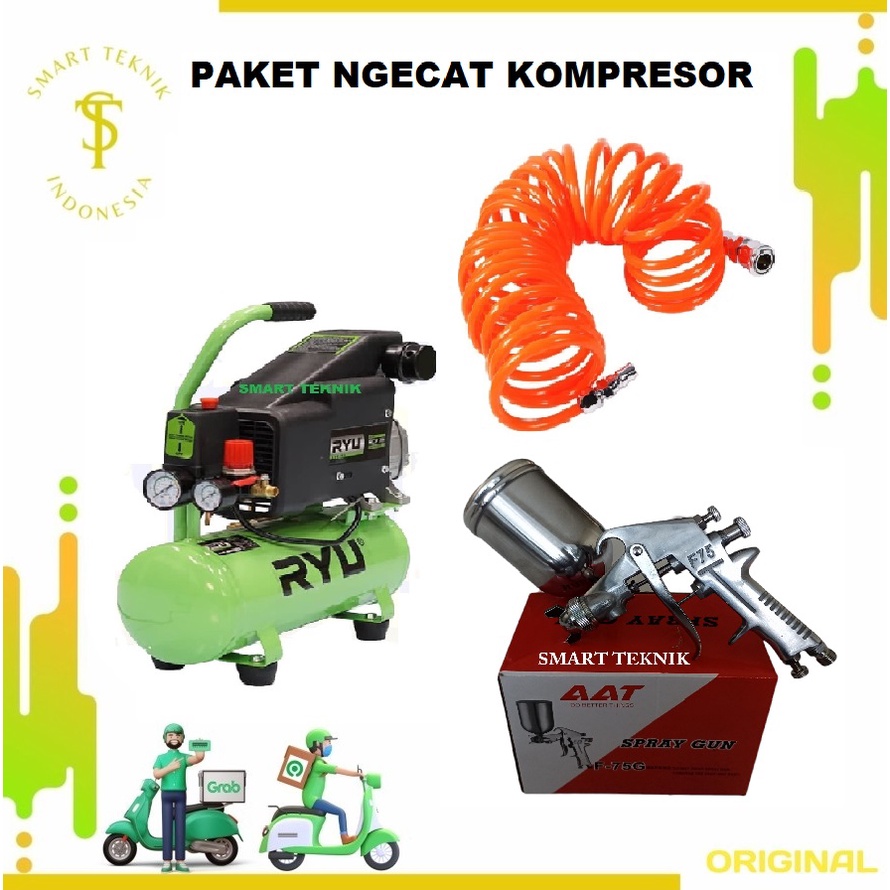 Kompresor paket komplit perlengkapan cat Murah lengkap - kompresor ryu spray gun f75 dan selang reco