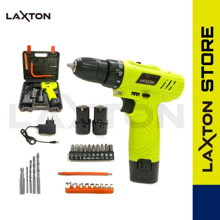 LAXTON Mesin Bor Cordless SET 26 pcs 12v Baterai Tangan drill 10 mm