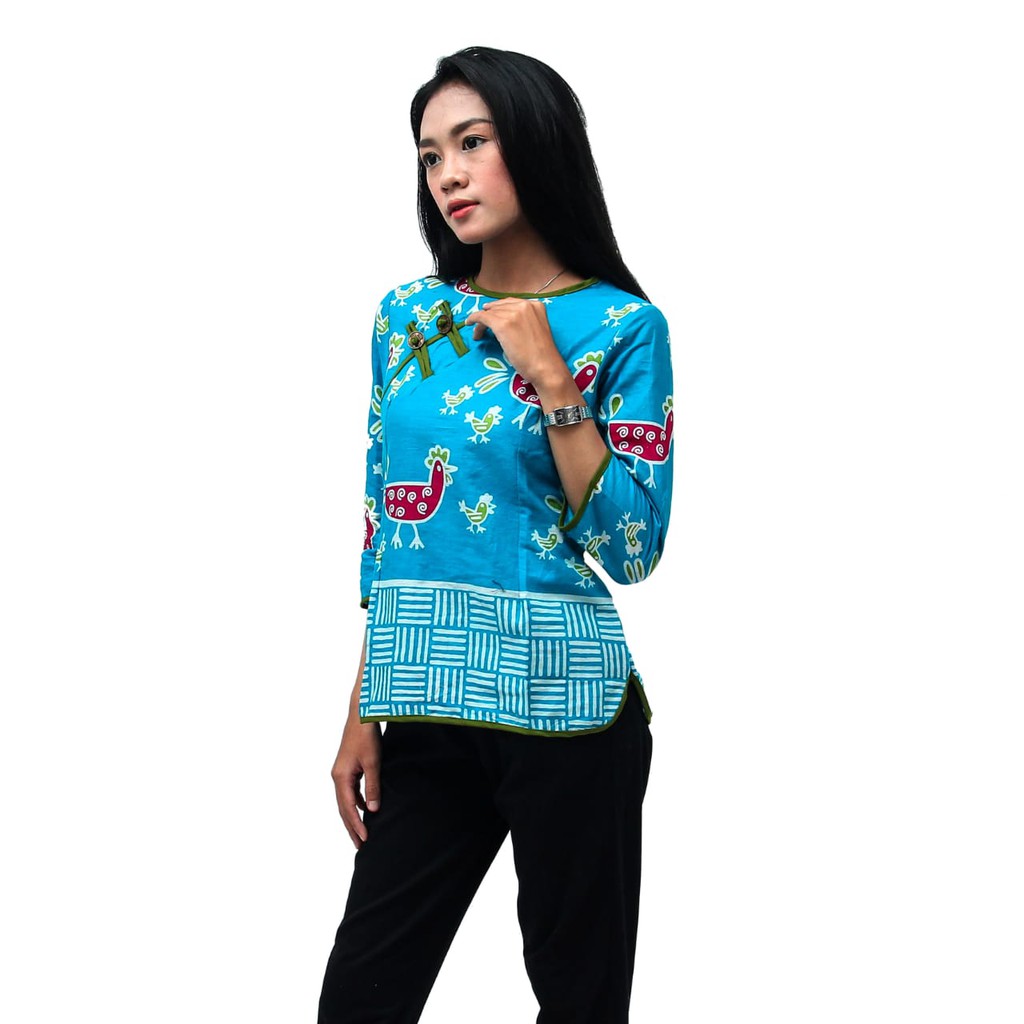 Blouse Batik Wanita Atasan Motif Ayam Warna tosca  Size  S-M-L-XL-XXL-3L-4L-5L-