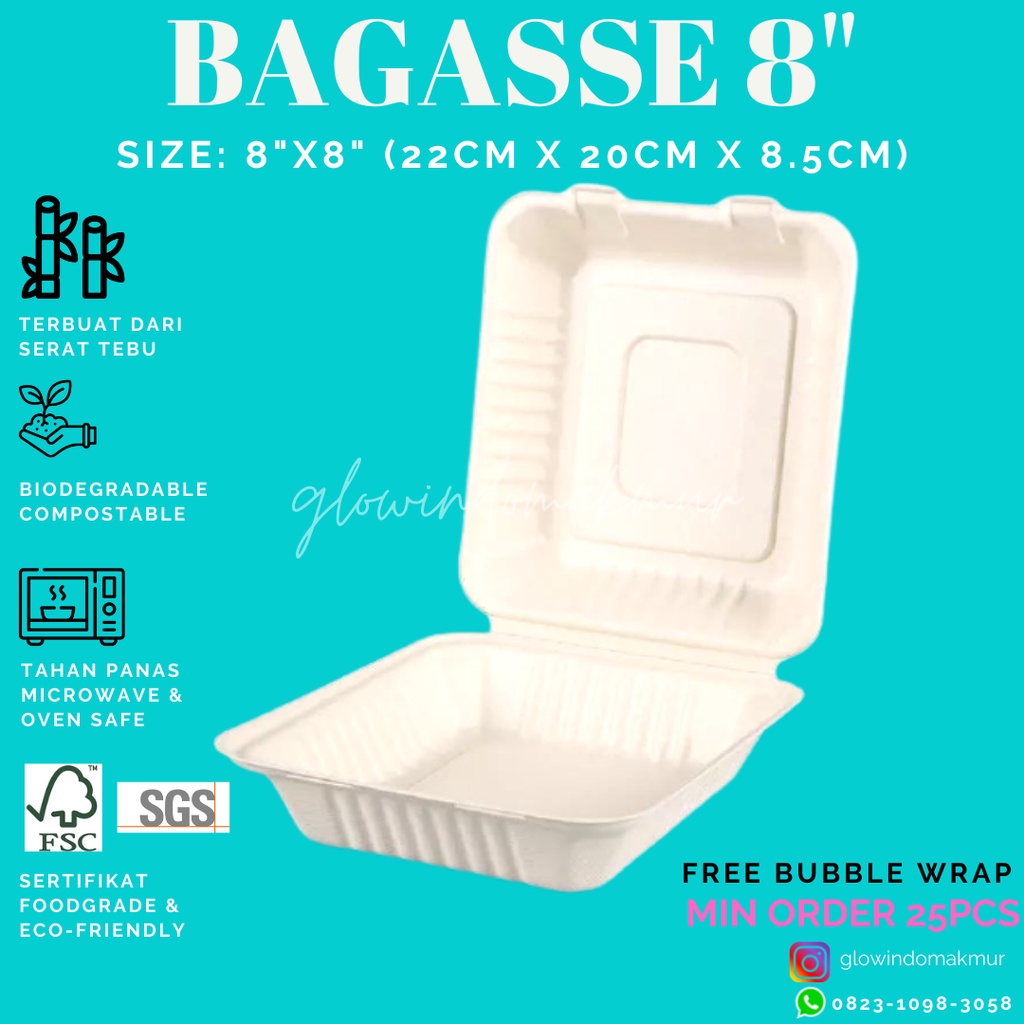 Bagasse Kotak 8 INCH 8&quot; Lunchbox Takeaway Sugarcane Serat Tebu ECO FRIENDLY Bento Set