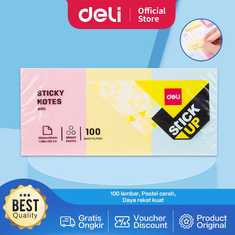 

Deli Memo Tempel Sticky Notes Warna Pastel Kuning 38×51mm 1.5''×2'' 100 Sheet EA01103 EA00153