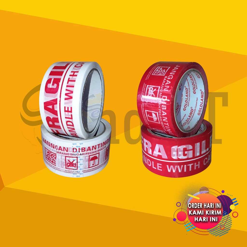 

Lakban Fragile Ready Warna Merah & Putih / Ready Ukuran 50 Yard & 100 Yard