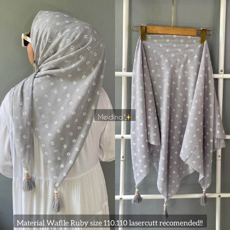 hijab segi empat wafle motif 8 jambul tassel mutiara