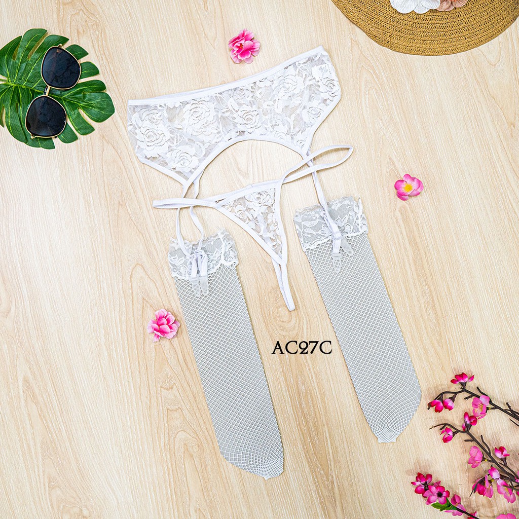 [PRODUK TERBATAS] STOCKING SEXY + SABUK PAHA GARTER BELT LACE PUTIH AC27B