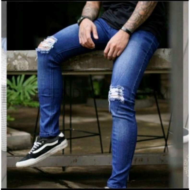 celana panjang jeans pensil sobek2 pria, street/mellar