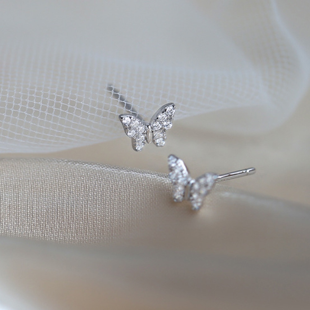 Anting Stud Zircon Bentuk Kupu-Kupu Kecil Warna Silver Untuk Wanita