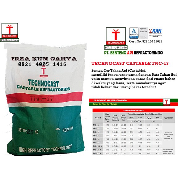 TNC-17 (25Kg) Semen Cor Tahan Api merk Technocast Castable