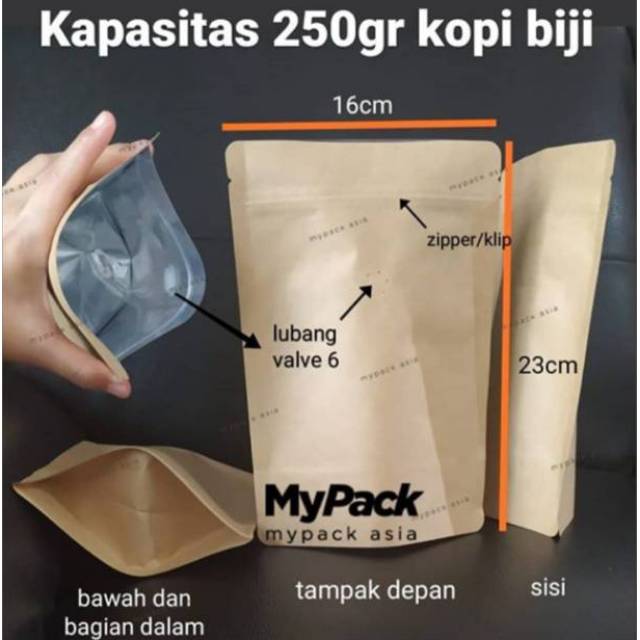 Standing Pouch Kraft Paper 250gr Kopi (16x23cm) Zipper Dan Valve - 50 Pcs
