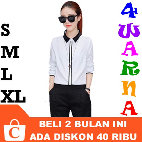 4 WARNA S M L XL - Kemeja Wanita Cewek Lengan Panjang Polos Kerah Garis Tengah PUTIH Kombinasi HITAM