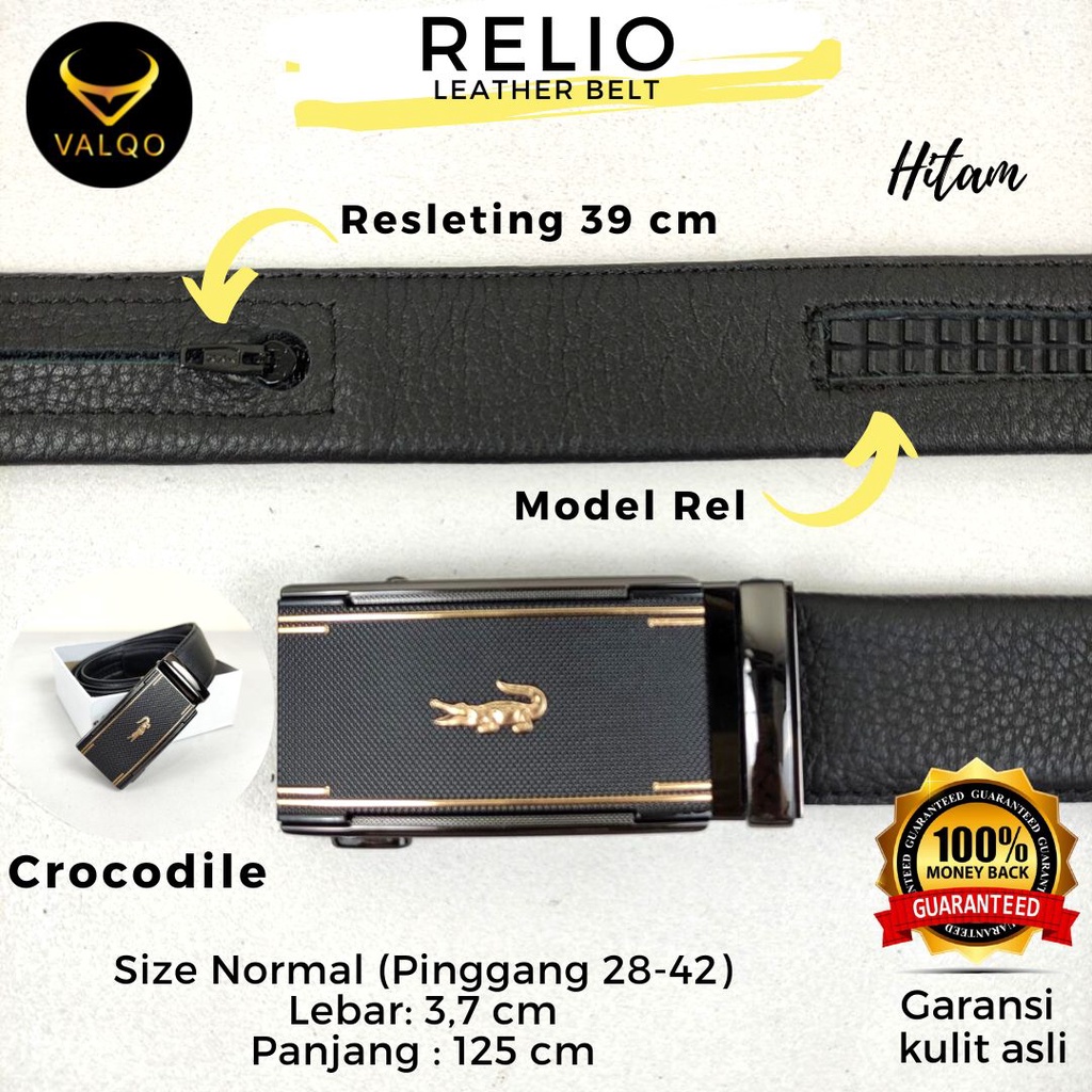 [VALQO] RELIO Resleting 125 CM Hitam Ikat Pinggang kulit sapi Rel Sabuk Cowok Pria Ukuran Standar Normal