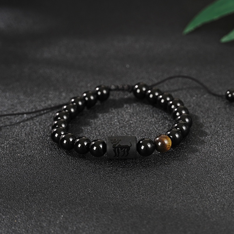 Gelang Manik-Manik Batu Reiki Hitam Ukuran 8mm Desain 12 Rasi Bintang Untuk Pria Dan Wanita