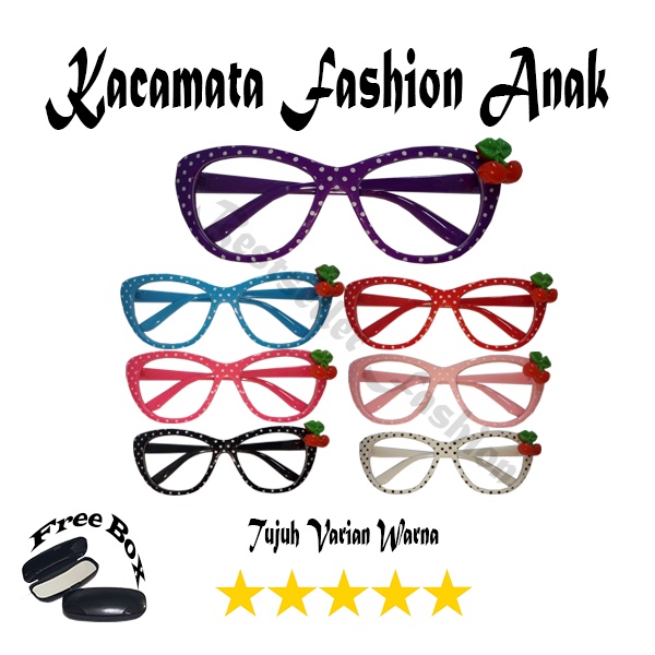 Kacamata Transparan Anak Fashion Lucu Model Cat Eye Frame Polkadot Cherry Kacamata Gaya anak Perempuan FREECASE