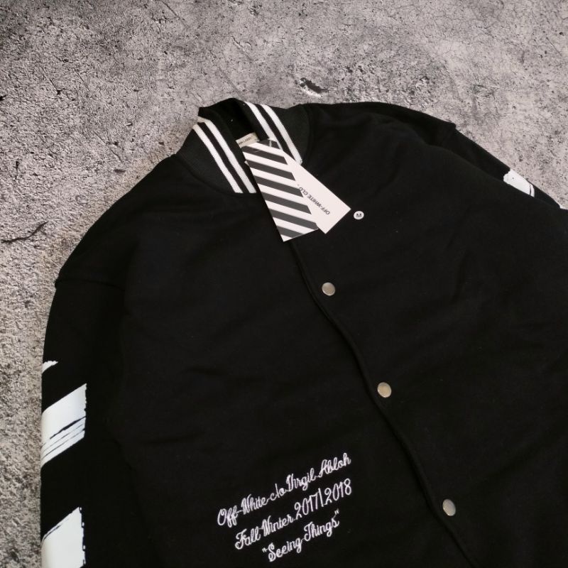 VARSITY JAKET OFF WHITE HITAM AUTHENTIC PREMIUM FULLTAG &amp; LEBEL