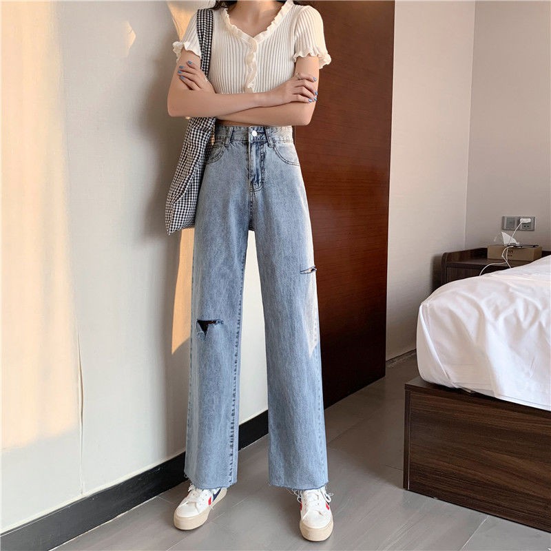 Ripped Jeans wanita loose celana korea style retro straight pants high waist