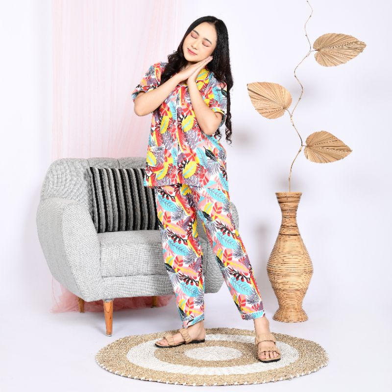 Baju Tidur Piyama Wanita Dewasa Motif Daun Janbol CP Lengan Pendek Celana Panjang Kekinian