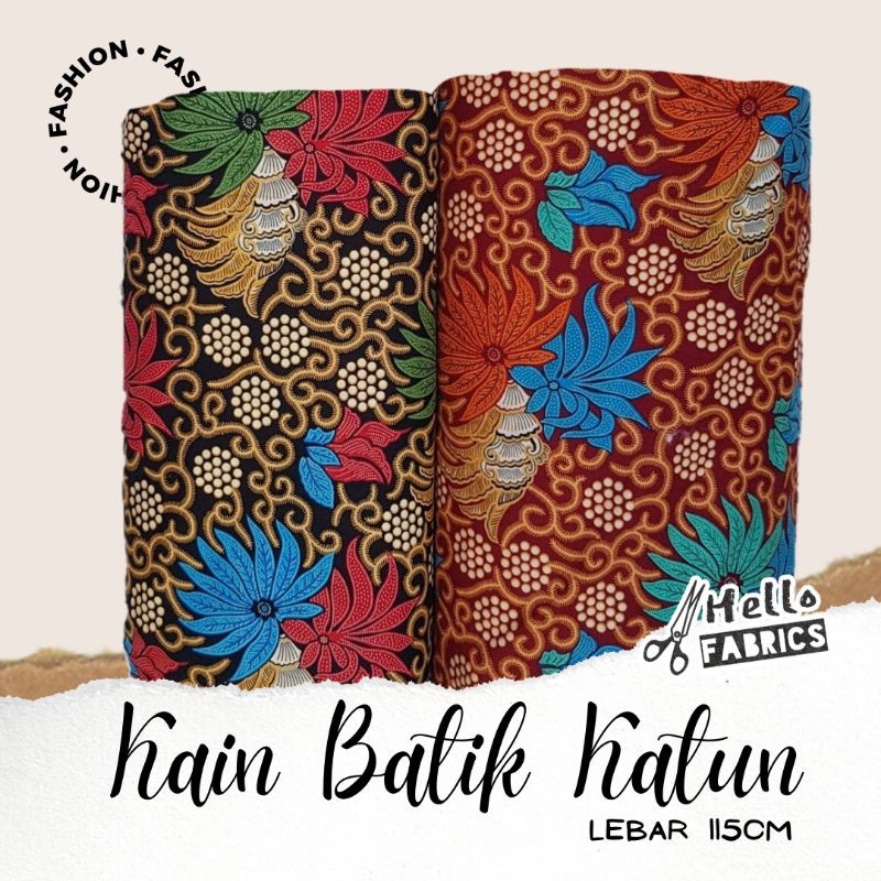 ( HBN-03 ) Kain Batik Meteran Bahan Katun Motif Bunga Kenanga Warna Hitam dan Maroon