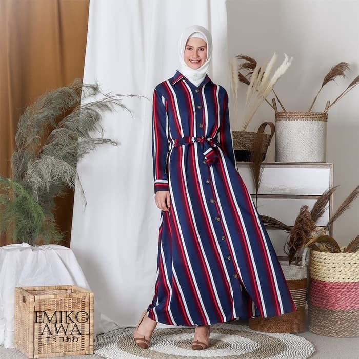 Baju Gamis Salur - Emikoawa Muslim Maxi Dress Wanita Busui Syari Jumbo - Merah