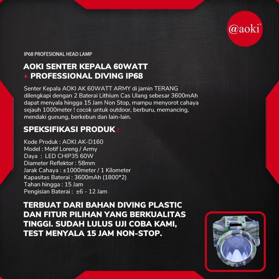 COD SENTER KEPALA SELAM DIVING PROFESSIONAL HEADLAMP 60 WATT AOKI AK-D160 CAHAYA PUTIH 3600mAh IP-69