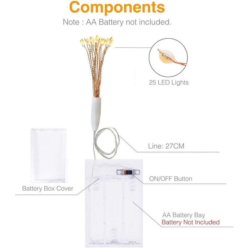 Lampu String 25 LED Bentuk Dandelion Kembang Api Dengan Kotak Baterai Untuk Dekorasi Pohon Natal