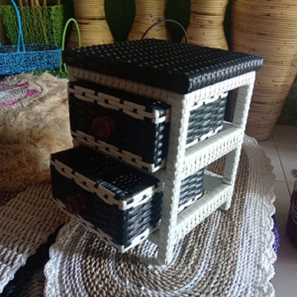 2 Susun Rak Lemari Laci Ukuran mini Box Rotan Sintetis penyimpanan serbaguna kotak Basket rotan plas