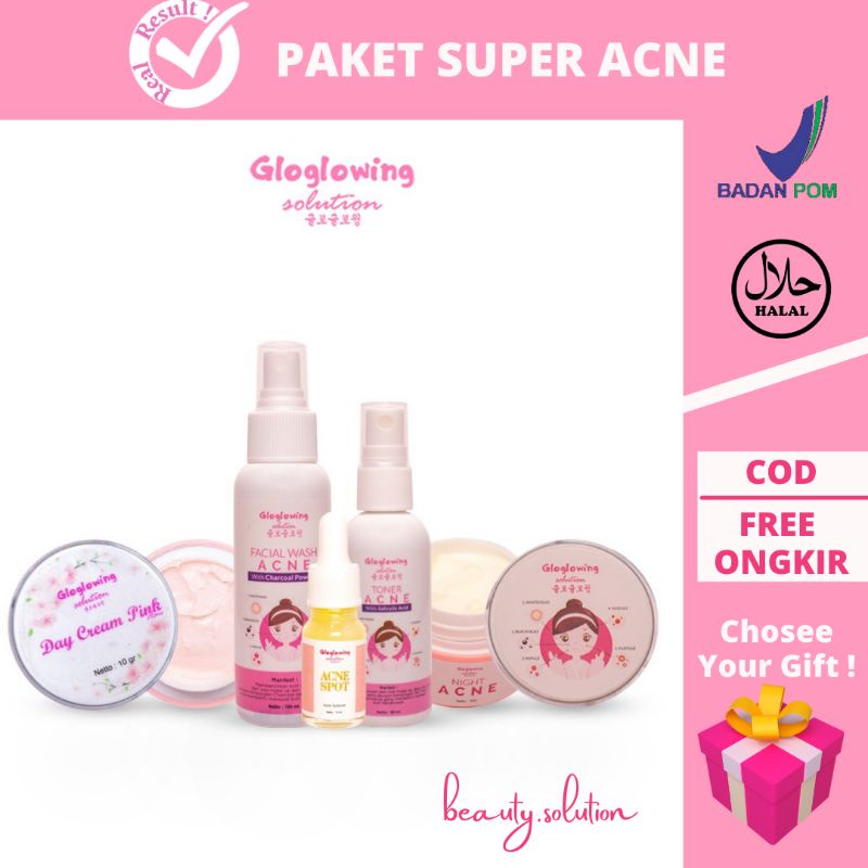 GLOGLOWING - PAKET SUPER ACNE Gloglowing Solution Paket Skincare Lengkap  Pembasmi Jerawat Ampuh Cep