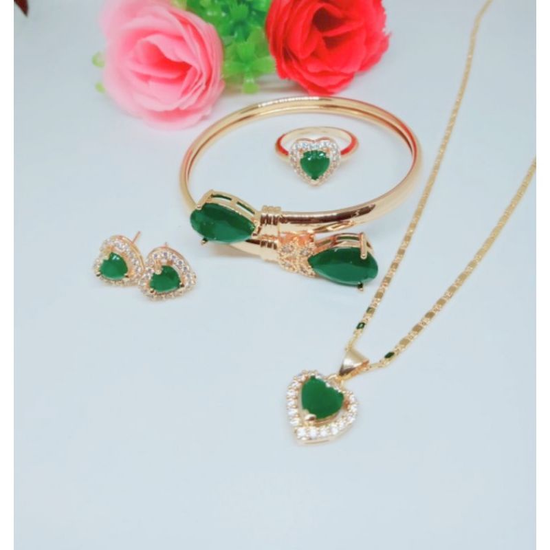 Set perhiasan xuping batu hijau aksesoris fashion wanita dewasa