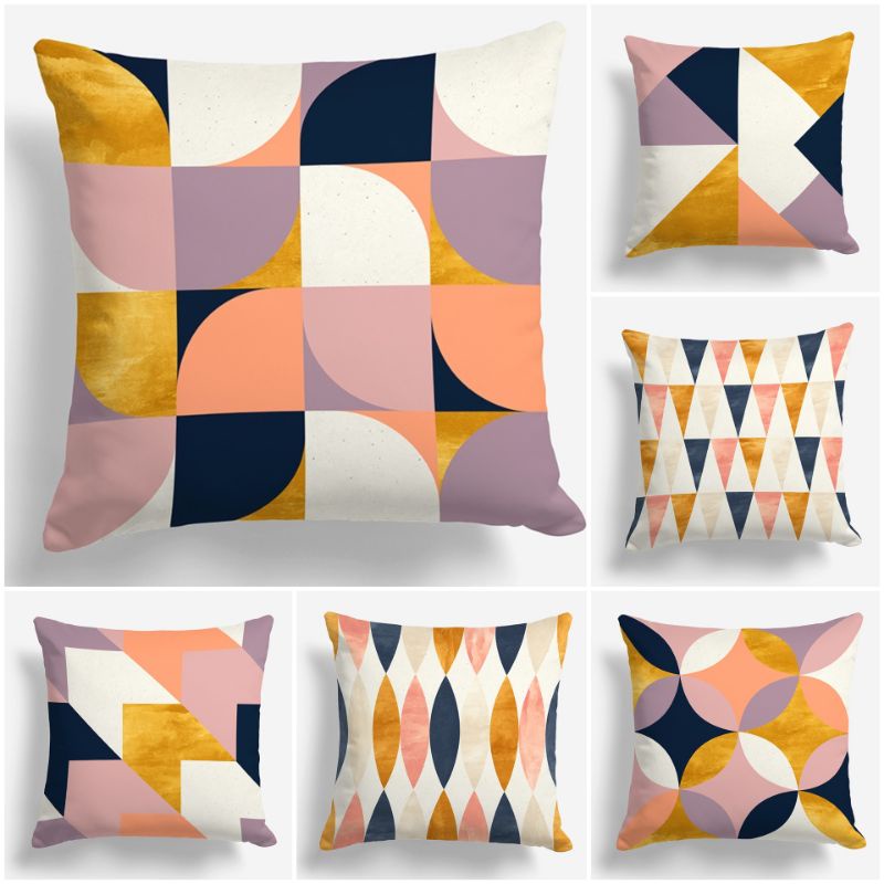 SARUNG BANTAL SOFA PRINT GEOMETRIK ABSTRAK GOLD SALMON 40X40 CM