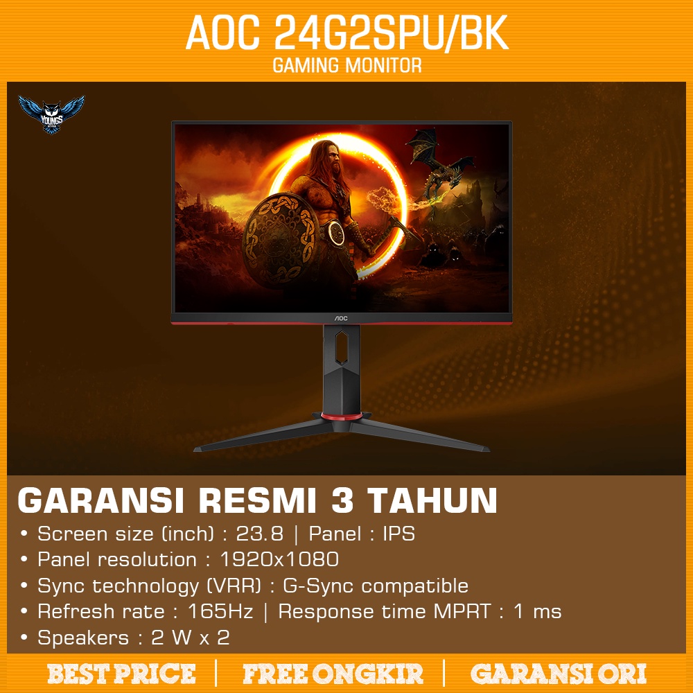 LED AOC 24G2SPU 24&quot; IPS 165Hz 1ms Frameless 1080p BK | Gaming Monitor