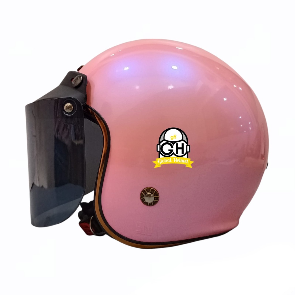 Helm Retro List Chrome Pastel Pink Helm Bogo Half Face SNI Free Kaca Flat