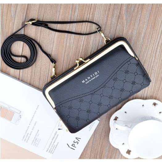 DOMPET HP SELEMPANG WANITA IMPORT PESTA KULIT HITAM EIGEN WA257B5 SLING TALI PANJANG BATAM KOREA ORI