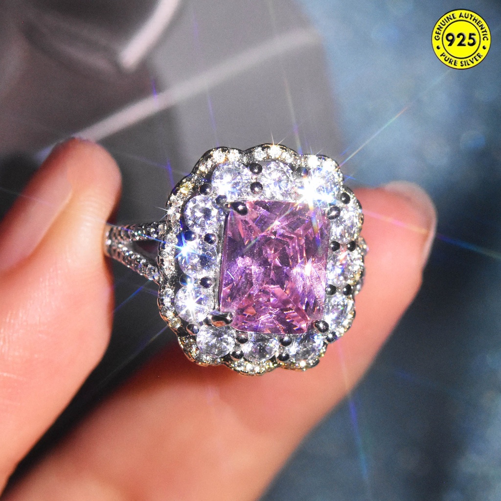 Cincin Berlian Kristal Bentuk Kotak Warna Pink Gaya Eropa Dan Amerika