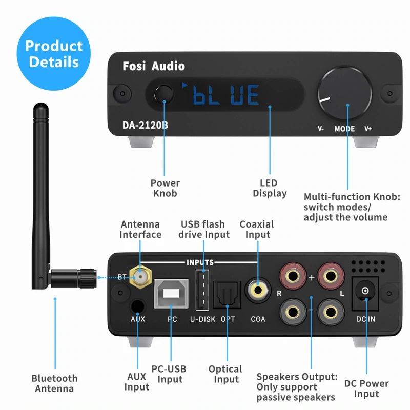 Fosi Audio Bluetooth 5.0 Amplifier 2 Channel Stereo Amp Receiver Class D with Remote - DA-2120B - Black